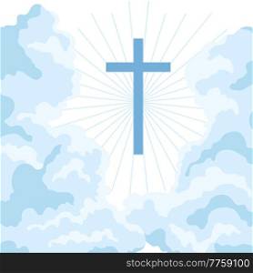 Christian illustration of sky with clouds and cross. Happy Easter image. Religious symbol of faith.. Christian illustration of sky with clouds and cross. Happy Easter image.