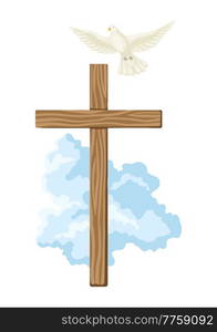 Christian illustration of wooden cross and pigeon. Happy Easter image. Religious symbol of faith.. Christian illustration of wooden cross and pigeon. Happy Easter image.
