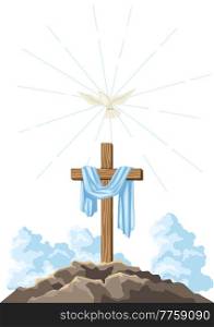 Christian illustration of wooden cross and shroud. Happy Easter image. Religious symbol of faith.. Christian illustration of wooden cross and shroud. Happy Easter image.