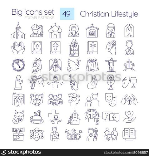 Christian lifestyle linear icons set. Religious traditions in modern life. Spiritual practices of worship. Customizable thin line symbols. Isolated vector outline illustrations. Editable stroke. Christian lifestyle linear icons set