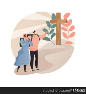 Christian pilgrimages abstract concept vector illustration. Go on pilgrimage, visit saint places, seeking god, christian nuns, monks in monastery, religious procession, prayer abstract metaphor.. Christian pilgrimages abstract concept vector illustration.