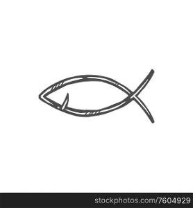 Christian religion symbol of Jesus fish sign. Vector Christianity Orthodox or Baptism religious symbol, ichthys or ichthus fish icon. Christian religion icon, Jesus fish symbol