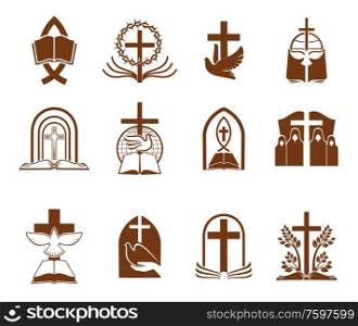 Christian religion vector icons with crosses, bibles and doves of God. Jesus Christ crucifix, prayer or priest, holy book, tree of life, thorn wreath and ichthys fish brown symbols of Christianity. Cristian religion cross, bible and god dove icons
