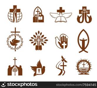 Christian religion vector icons with crosses, Jesus and bibles, doves, priest and prayers, angel, praying hand and crucifix, fish, crown of thorns and trees. Catholicism, orthodox christianity themes. Christian religion Jesus cross, bible, dove icons