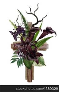 Christian wooden cross decorated with black lilies and callas and leaves, hand drawn vector watercolor illustration