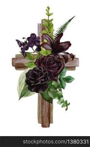 Christian wooden cross decorated with black roses and leaves, hand drawn vector watercolor illustration