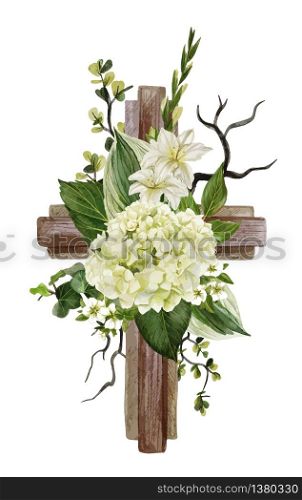 Christian wooden cross decorated with white hydrangea and leaves, hand drawn vector watercolor illustration
