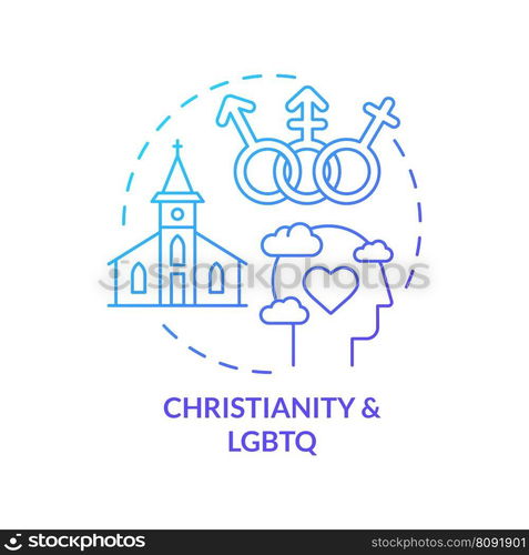 Christianity and LGBTQ blue gradient concept icon. Acceptance of everybody. Progress in religion abstract idea thin line illustration. Isolated outline drawing. Myriad Pro-Bold font used. Christianity and LGBTQ blue gradient concept icon