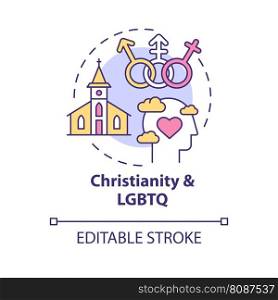 Christianity and LGBTQ concept icon. Acceptance of everybody. Progress in religion abstract idea thin line illustration. Isolated outline drawing. Editable stroke. Arial, Myriad Pro-Bold fonts used. Christianity and LGBTQ concept icon