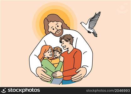 Christianity and religious education concept. Kind smiling Jesus in white clothing standing and hugging happy family with child taking care vector illustration . Christianity and religious education concept.