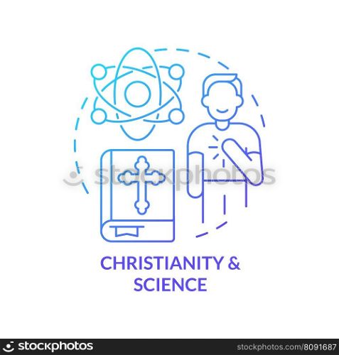 Christianity and science blue gradient concept icon. Union of belief and study. Innovative religion abstract idea thin line illustration. Isolated outline drawing. Myriad Pro-Bold font used. Christianity and science blue gradient concept icon