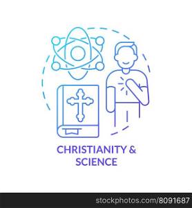 Christianity and science blue gradient concept icon. Union of belief and study. Innovative religion abstract idea thin line illustration. Isolated outline drawing. Myriad Pro-Bold font used. Christianity and science blue gradient concept icon