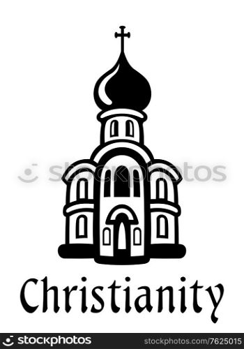 Christianity emblem or icon in black and white with a church building with an onion dome and cross and the word - Christianity - below