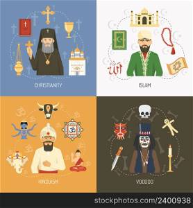 Christianity islam and hinduism religious concept and alternative voodoo ritual symbols 4 flat icons square isolated vector illustration. Religions Concept 4 Flat Icons Square