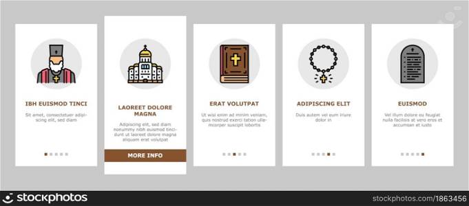 Christianity Religion Church Onboarding Mobile App Page Screen Vector. Christianity Cross And Crucifixion, Cathedral And Monastery Building, Bible Priest God And Angel, Prayer And Easter Illustrations. Christianity Religion Church Onboarding Icons Set Vector