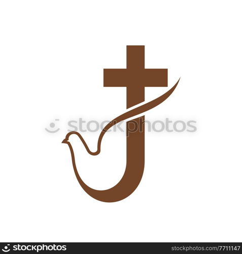 Christianity religion icon. Dove and cross silhouette, holly spirit, peace and Jesus Christ resurrection vector symbols. Christian catholic, baptist or orthodox church or commune emblem. Christianity religion, church commune vector icon
