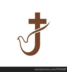 Christianity religion icon. Dove and cross silhouette, holly spirit, peace and Jesus Christ resurrection vector symbols. Christian catholic, baptist or orthodox church or commune emblem. Christianity religion, church commune vector icon