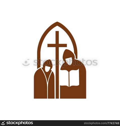 Christianity religion vector icon monks or spirituals holding open Bible near the cross in arch doorway. Christian catholic crucifix and prayers brown religious emblem. Christianity religion icon monks or spirituals