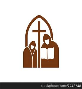 Christianity religion vector icon monks or spirituals holding open Bible near the cross in arch doorway. Christian catholic crucifix and prayers brown religious emblem. Christianity religion icon monks or spirituals