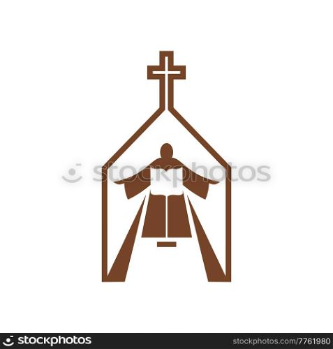 Christianity religion vector icon, praying person with open Bible inside of church building with cross. Christian catholic faith, religious brown symbol. Christianity religion vector icon, catholic faith