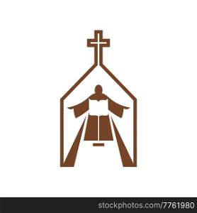 Christianity religion vector icon, praying person with open Bible inside of church building with cross. Christian catholic faith, religious brown symbol. Christianity religion vector icon, catholic faith