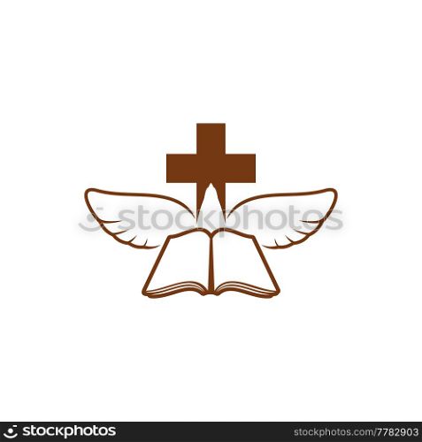 Christianity religion vector icon with Bible, cross and white dove. Christian catholic Holy book, pigeon bird and crucifix symbol isolated on white background, religious emblem. Christianity religion icon cross, dove and Bible