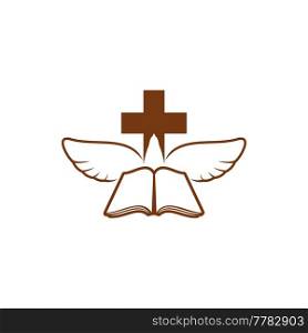 Christianity religion vector icon with Bible, cross and white dove. Christian catholic Holy book, pigeon bird and crucifix symbol isolated on white background, religious emblem. Christianity religion icon cross, dove and Bible