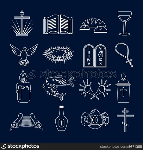 Christianity traditional holy religious symbols outline icons set with thorns fish candle isolated vector illustration