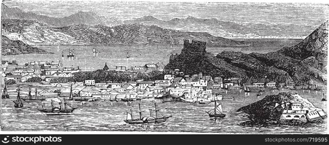Christiansted in the U.S. Virgin Islands, during the 1890s, vintage engraving. Old engraved illustration of Christiansted.
