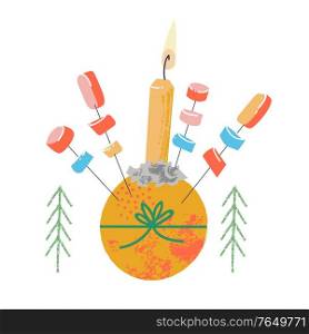Christingle. Traditional Christmas decor. Vector illustration on a white background. Orange, candle and sweets.. Christingle. Traditional Christmas decor. Vector illustration.