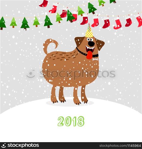 Christmas 2018 dog. Winter cute pet puppy with party hat on snow drift vector illustration. Christmas 2018 dog