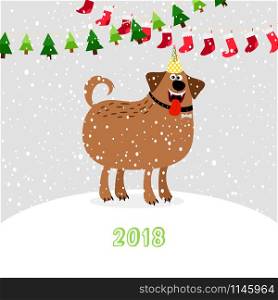 Christmas 2018 dog. Winter cute pet puppy with party hat on snow drift vector illustration. Christmas 2018 dog