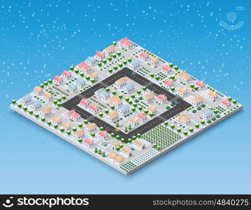 Christmas 3d house in the winter forest. Isometric building in the region landscape. Three-dimensional Village with streets and houses. Seasonal nature scenery stock vector. New Year Christmas 3d house