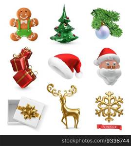 Christmas 3d realistic vector icon set. Gingerbread cookie, Christmas tree, gifts boxes, Santa Claus, golden deer, snowflake