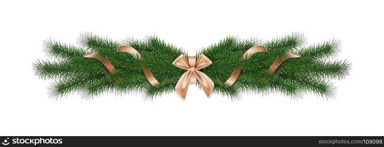 Christmas 3d realistic vector pine branches with golden ribbon bow.