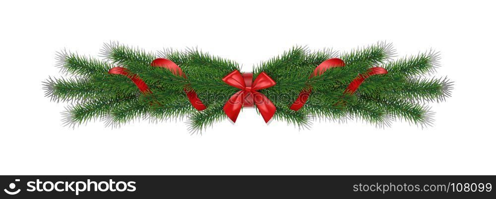 Christmas 3d realistic vector pine branches with red ribbon bow.