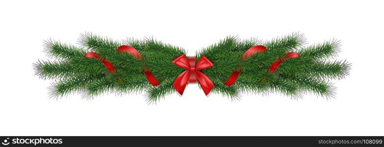 Christmas 3d realistic vector pine branches with red ribbon bow.