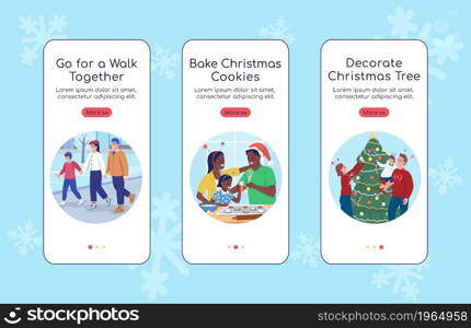 Christmas activities onboarding mobile app screen flat vector template. Walkthrough website 3 steps with characters. Creative UX, UI, GUI smartphone cartoon interface, case prints set. Christmas activities onboarding mobile app screen flat vector template