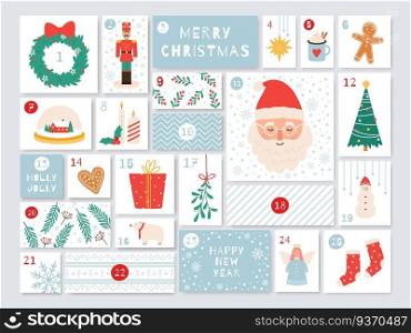 Christmas advent calendar. December days countdown with presents. Holidays handicraft calendar with numbers and boxes vector template. Illustration christmas winter card, december calendar countdown. Christmas advent calendar. December days countdown with presents. Holidays cute handicraft calendar with numbers and boxes vector template
