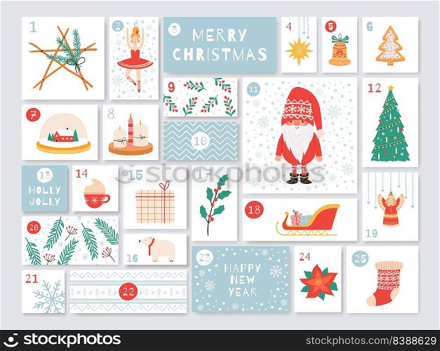 Christmas advent calendar, holiday event day to new year. Vector merry christmas card december, event of calendar, date of celebration illustration. Christmas advent calendar, holiday event day to new year