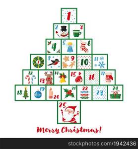 Christmas Advent calendar in shape of Christmas tree with traditional elements - Santa, deer, snowlake, sock, gift. Vector illustration.. Christmas Advent calendar in shape of Christmas tree.