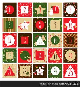 Christmas Advent calendar. Square cards or stickers with Christmas elements - snowman, deer, snowlake, sock, gift. Vector illustration.. Christmas Advent calendar with Christmas elements.