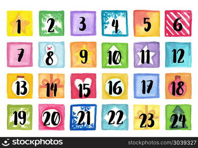 Christmas advent calendar. Vector illustration Christmas advent calendar of watercolor paint. Set watercolor elements
