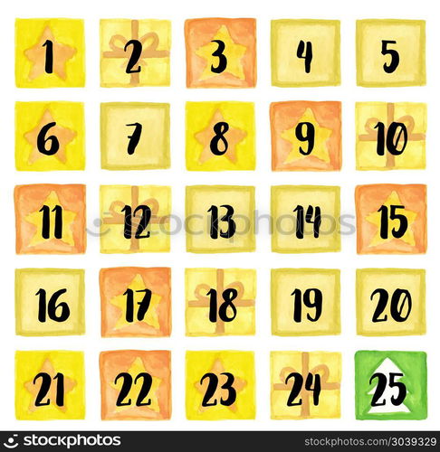 Christmas advent calendar. Vector illustration Christmas advent calendar of watercolor paint. Set watercolor elements