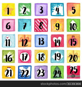 Christmas advent calendar. Vector illustration Christmas advent calendar of watercolor paint. Set watercolor elements