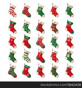 Christmas Advent calendar with funny Christmas socks in flat stryle. Vector illustration.. Christmas Advent calendar with funny Christmas socks.