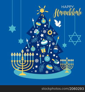 Christmas and Hanukkah holiday banner design. Christmas and Hanukkah holiday banner design with christmas tree. Winter hanukkah illustration with candels.