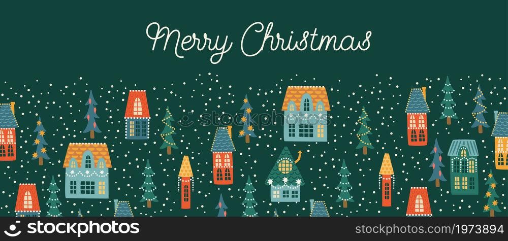 Christmas and Happy New Year banner. City, houses, Christmas trees, snow. New Year symbols.Trendy retro style. Vector design template.. Christmas and Happy New Year banner. City, houses, Christmas trees, snow.