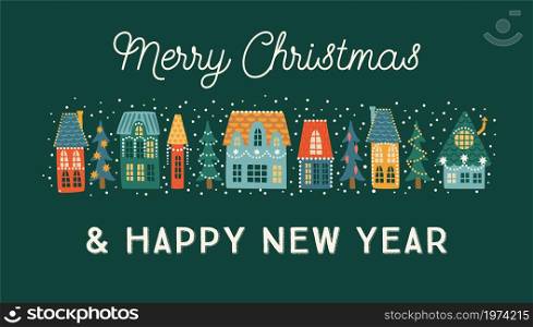 Christmas and Happy New Year banner. City, houses, Christmas trees, snow. New Year symbols.Trendy retro style. Vector design template.. Christmas and Happy New Year banner. City, houses, Christmas trees, snow.