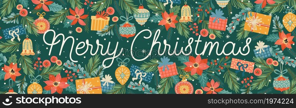 Christmas and Happy New Year banner with Christmas decorations. Trendy retro style. Vector design template.. Christmas and Happy New Year banner with Christmas decorations.
